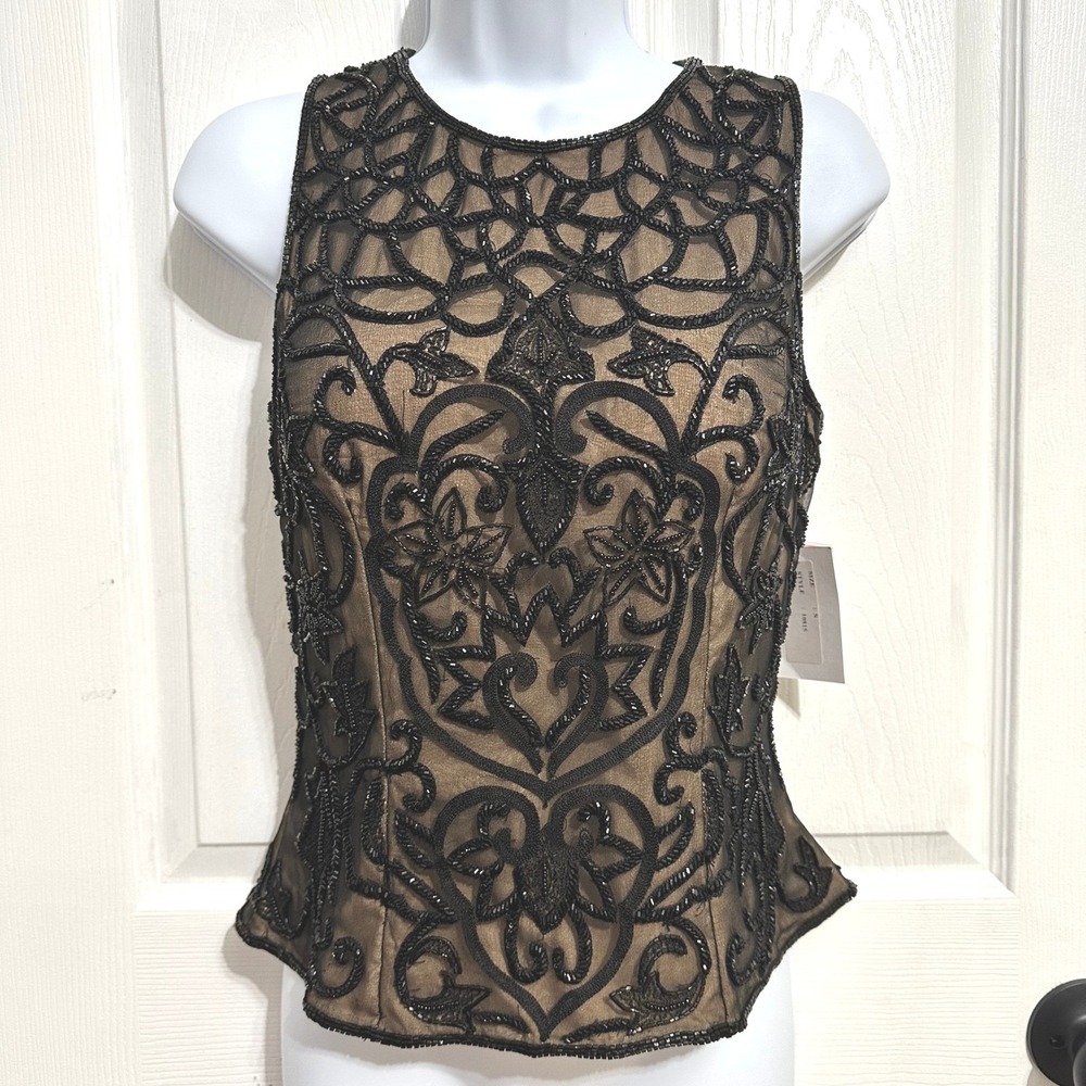 Sean Collection Black Beaded Silk Top Embellished Evening Tank Size Small NEW